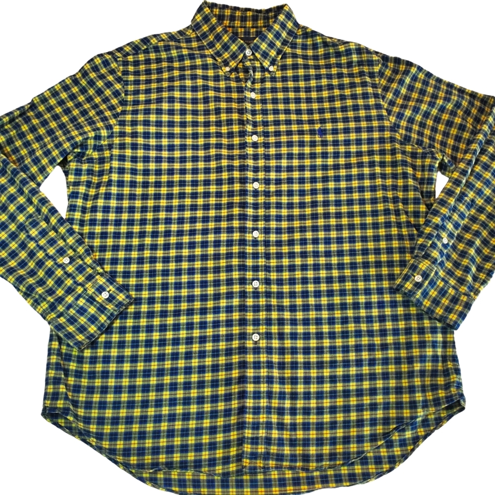 Ralph Lauren Blue Label Men's Long Sleeve Shirt Yellow Blue Plaid Polo Pony XL